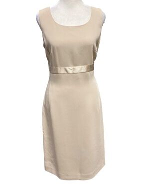 Casual Corner Sleeveless Cream Midi Dress with Satin Waist Size 6 Vintage Retro